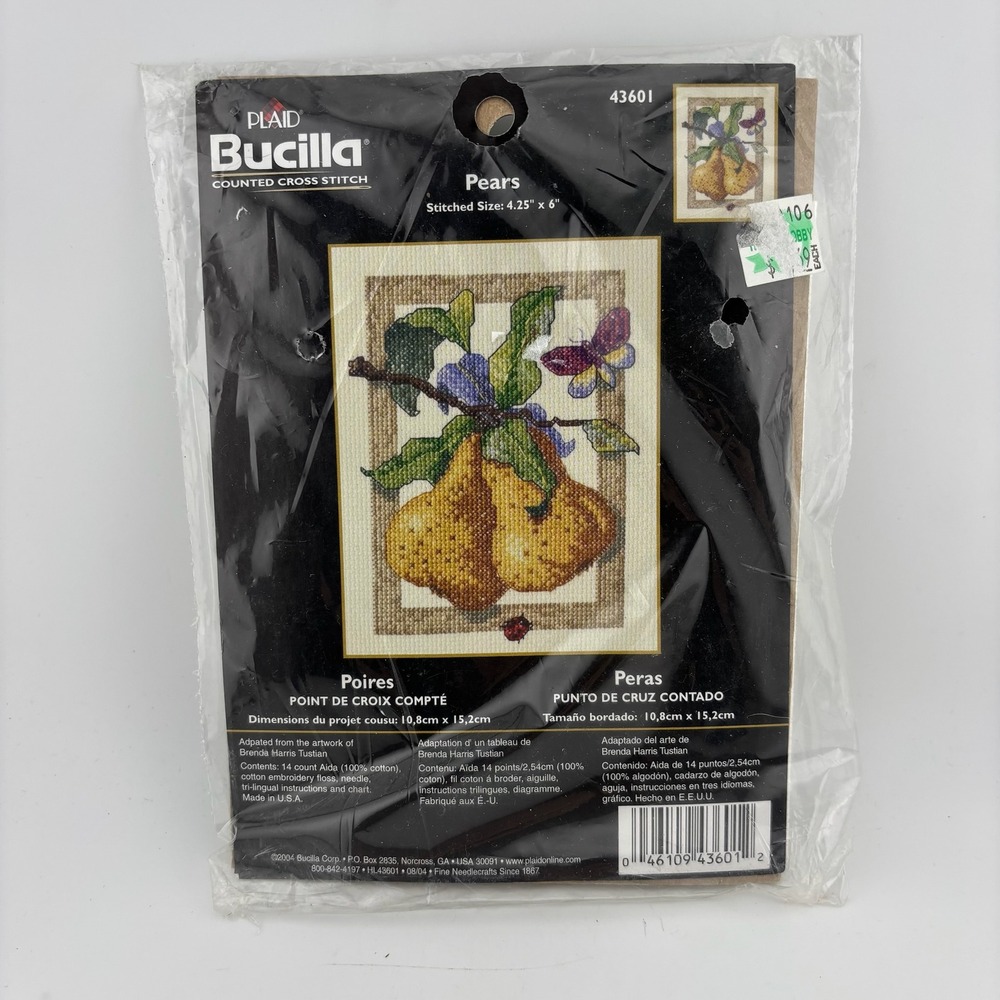 Bucilla Counted Cross Stitch Kit Pears 4.25x6 New Fruit Butterfly 43601
